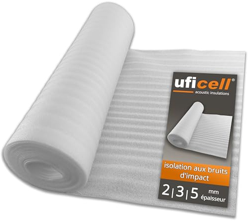 Aislamiento acústico de impactos laminado espuma uficell® ULTRA PE - espesor 2 mm - aislamiento acústico de impactos para suelos laminados y parquet - densidad: 20 kg/m² (50 m² | 2 rollo)