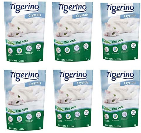 Tigerino Crystals Aloe Vera Cat Litter, Dust-Free-6 X 5L , Very Absorbent, Non-Clumping Litter With A Pleasant Natural Aloe Vera Fragrance, Efficient Silicate Cat Litter, Ultra Anti-bacterial Crystals
