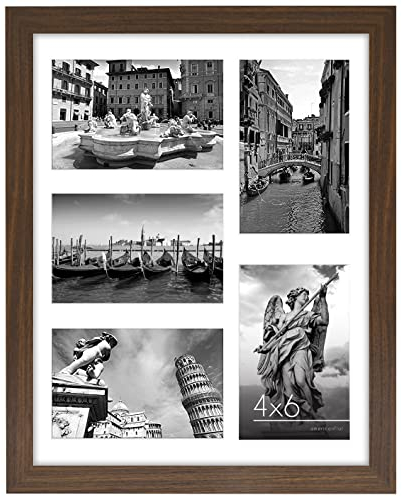 Americanflat Portafoto da Parete Multiplo da 28x35,5 Cm, Noce - Per Esporre Cinque Foto da 10x15,2 con Passepartout - Porta Foto Multiple da Parete in Vetro Infrangibile