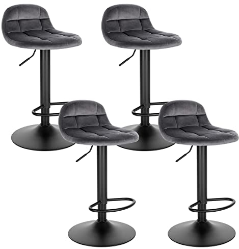 WOLTU Barhocker 4er Set Barstuhl mit Rückenlehne Fußstütze höhenverstellbar (60-82cm) 360° Drehstuhl bis 150kg belastbar Samt Metall Dunkelgrau BH317dgr-4