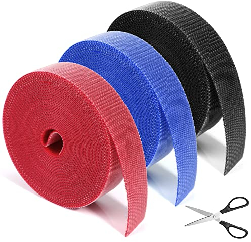 3 rollos de bridas de velcro pasacables, bridas para cables, longitud de corte libre, cinta de velcro, 3 colores con 1 tijeras para el hogar y la oficina (5 metros de longitud 20 mm de ancho)