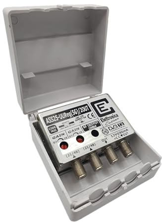 ASS25-UUReg(5G)/2OUT – förstärkare TV-antenn med filter 5G, mast, 2 UHF-ingångar, förstärkning 25 dB, 2 utgångar, teleströmförsörjning 12 volt, tillverkad i Italien