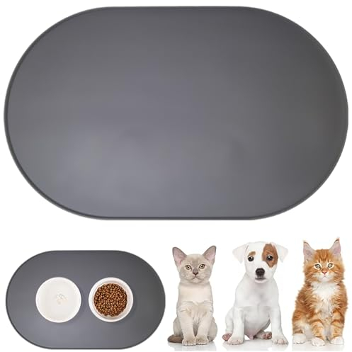 WOMLEX Napfunterlage Hund Katzen, Hundenapf Unterlage Katzennapf Unterlage aus Silikon, Hunde Katzen Futtermatte wasserdichte und rutschfeste 48x30cm (Grau)