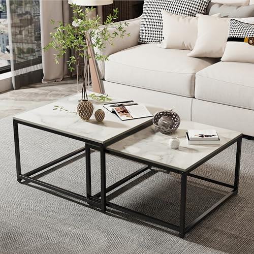 FATIVO Tavolino da caffè per Soggiorno: Set di 2 Marmo Tavolino Salotto da caffè Moderno Tavolini Sovrapponibili Quadrato Struttura in Metallo - Piano in Bianco, Grande 65cm Piccolo 60cm