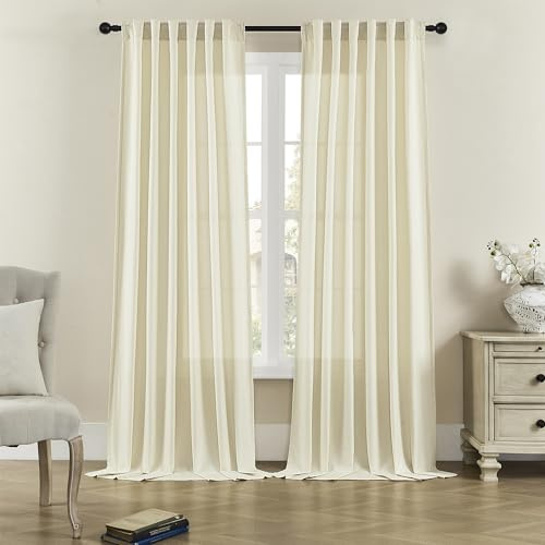 DONREN Cream Long Curtains 120 Inch Length for Living Room Dining 2 Panels Set Back Tab Loop Pocket Drape Semi Privacy Sheer Linen Cream Curtain for Patio Sliding Door Modern Farmhouse Decor 50x120
