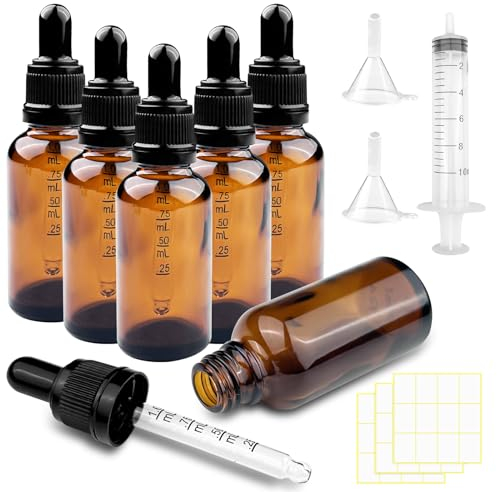 Brevanza 6pcs flaconpipette, compte gouttes pipette 30ml, flacon verre ambré 4 accessoires, pour petits échantillons rechargeables, Huile Essentielle, Aromathérapie, Massage, Cosmétique, Voyageavec
