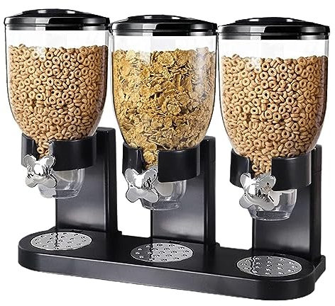 Triple Cereal Dispenser - Classic Dry Food Canister for Cornflakes, Candy, Nuts, Beans, Granola - Kitchen Storage Dispenser, Black - 3 x 2L Containers for Fresh and Moisture-Free Storage