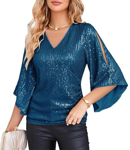 GRACE KARIN Damen Pailletten Vintage Top V-Ausschnitt Elegante Bluse 3/4 Ärmel Festliche Party Top Gltzer Abendmode Overteile Weihnachten Party Outfit Pfauenblaue Pailletten L