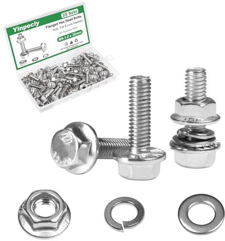 Yinpecly 25 Sets M6-1.0 x 20mm Flanged Hex Head Bolts Kits, M6 Flange Hexagon Screws and Nuts,Flat & Spring Lock Washers,18-8 (304) Stainless Steel,Metric Bolt Assortment, Fully Threaded