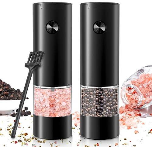 Set di macina per sale e pepe, set di macinaspezie elettrico, lavabile a batteria, contenitore trasparente, 70 ml, colore nero (2 pezzi)