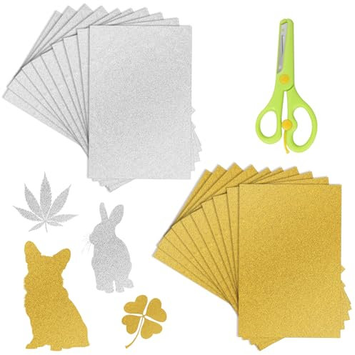 APOMOONS 20 Fogli Carta Glitterata, 30 × 20 Cm Cartoncini Colorati A4 Glitter con Forbici, Glitter Argento, Cartoncini Glitterati per Il Bricolage e Il Design, Oro Argento