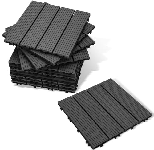 Lospitch WPC terrassplattor, 30 x 30 cm balkong golvplattor 11 stycken för 1 m², terrassbrädor, klickplattor, väderbeständig, halkfri, lättskött, trädgårdskakel med klicksystem, antracit