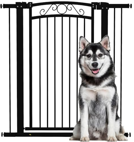 PawHut Barrera para Perros con Cierre Automático 76-104x105 cm Negro | Puerta para Perros, Barrera de Seguridad, 2 Extensiones 7/14 cm, Fácil Montaje, Doble Bloqueo, para Escaleras y Puertas