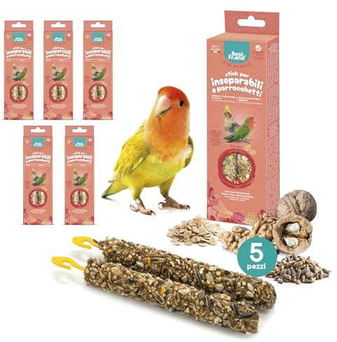 Best Friend - Gebackene natürliche Snacks für Unzertrennliche und Sittiche - Leckere Vogelsticks, reich an Vitaminen mit Birkenholz für gesunde Zähne | Nüsse, 5er Pack x 115g