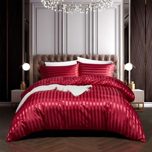Tospass Housse de Couette Satin 220x240 Vin Rouge Rayures Soyeux Parure de Lit Satin de Soie Brillante Linge de Lit Adulte 2 Personnes avec Fermeture éclair et 2x65x65cm Taies d'oreiller