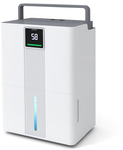 FANTASK Elektrisk avfuktare 35 l/dag, tyst avfuktare med 3 lägen, 24H-timer, 3-färgdisplay, dräneringsslang och rullar, avfuktare för badrum, sovrum, källare