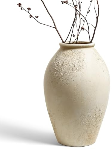 LE TAUCI Ceramic Flower Vase, 13.2 Inch Large Rustic Farmhouse Vase, Tall Floor Vase for Home Decor, Living Room Table & Mantel Centerpiece, Watertight & Sturdy, Matte Sandy Beige White