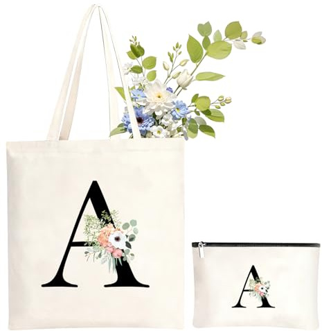 Bolsa de transporte y neceser con inicial, bolsa de transporte con letras y bolsa de cosméticos, bolsa de la compra de lona con cremallera, bolsa de la compra de lona regalo para mujeres, novia, mamá
