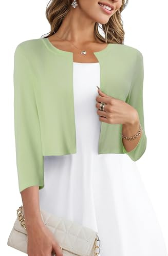 CRAZY GRID Women's Cropped 3/4 Sleeve Knit Cardigan - Open Front Bolero Shrug PeaGreen Small