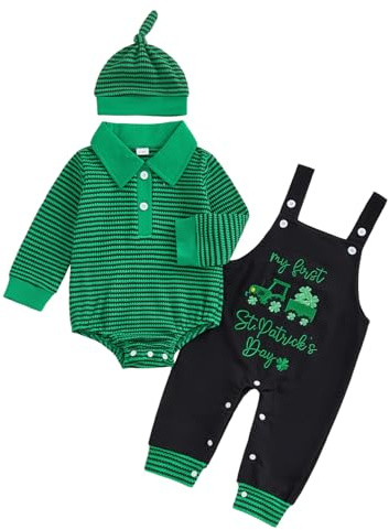 Haomibacu Neonato Bambino Ragazzi Giorno di San Patrizio 3Pcs Abiti Cappello A Righe Risvolto Pagliaccetto Trifoglio Ricamo Bretella Pantaloni Abbigliamento Set, Verde, 9-12 Months