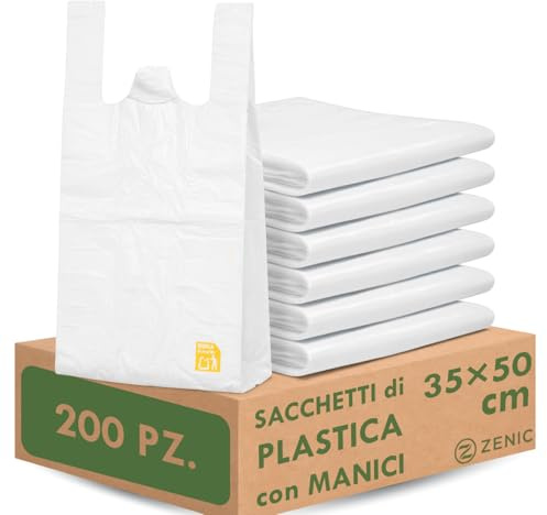 Zenic | Sacchetti Trasparenti Per Alimenti | 35x50 Cm Pack 200 Unità | Shopper Plastica con Manici per Spesa | Frutta e Verdura, Macelleria, Pescheria, Congelatore, Negozio e Casa