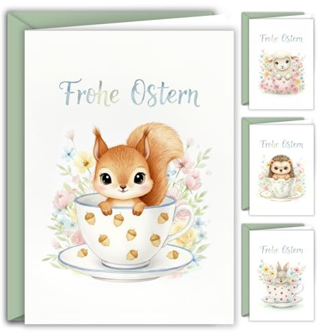 Tarjetas de Pascua con sobre, hechizo de Pascua en tonos pastel, juego de 12 tarjetas de felicitación plegables en formato A6, tarjetas plegables con bonitos animales, juego de tarjetas de