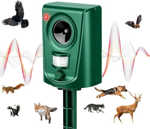 VUSZR Ultraljud anti-katt och hund, 110° PIR-sensor, 10 m räckvidd, IPX4-vattentät, AA-batteriförsörjning, för utomhusbruk