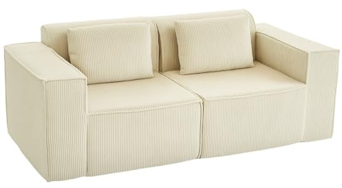 HOMCOM Sofá de 3 Plazas con Acolchado Grueso en Pana 202x90x76 cm Beige | Sofá de Salón, Asiento Extra Profundo, Reposabrazos Anchos, 2 Almohadas