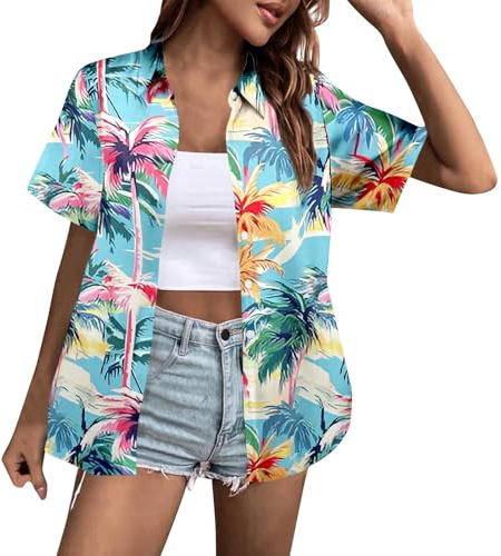 Generico Hawaii Maglietta da Donna Camicia Hawaiana a Maniche Corte Camicetta Botton-Down Maglietta Camicia da Hawaiana con Stampa Tropicale Casual Vintage Blusa T-Shirt Funky