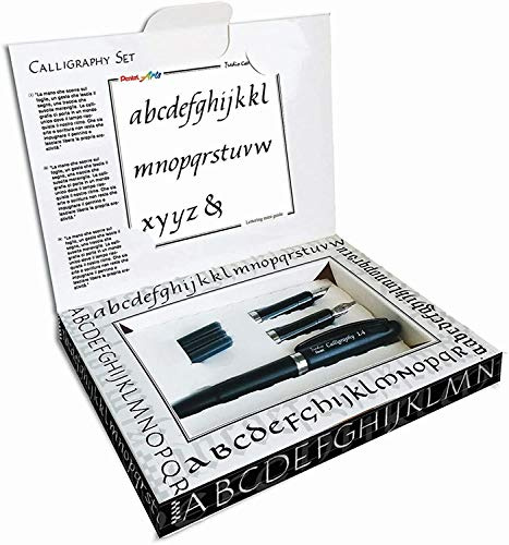 Pentel Arts Coffret Tradio Calligraphy : 3 tailles de plumes (1.4, 1.8 et 2.1 mm), 1 corps de stylo plume, 3 cartouches d’encre noire et 1 mini alphabet de calligraphie