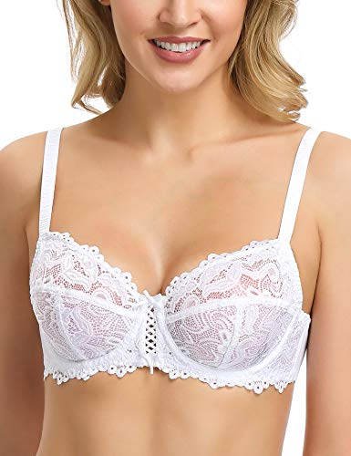 WingsLove Women's Floral Lace Bra Underwire Non Padded Soft Cup Full Coverage White 38DD