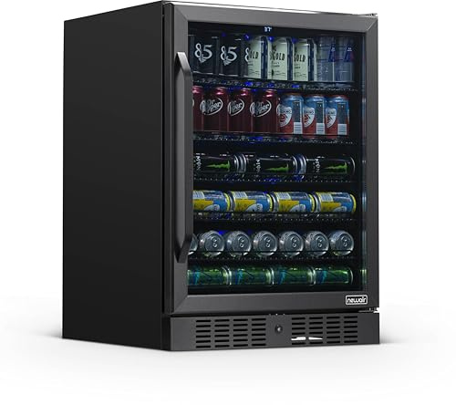 NewAir Beverage Refrigerator with Glass Door | 177 Can Mini Fridge for Bedroom, Dorm, Office, or Gaming Setup | Soda, Beer, and Wine Cooler | Black Stainless Steel