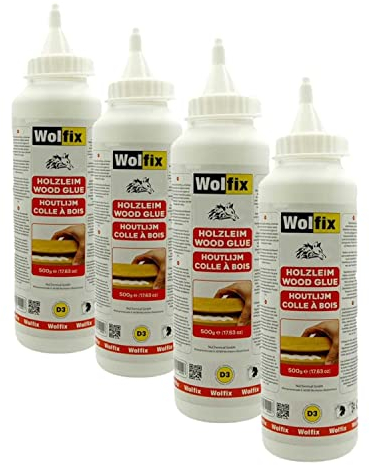 Wolfix Colle a Bois Extra Forte 4 pièces 500g D3 PVA Super Glue - Résistante à l'Eau et à Séchage Rapide - Colle à Bois PVA, de montage - Convient pour le bois, les panneaux de fibres dures, le MDF