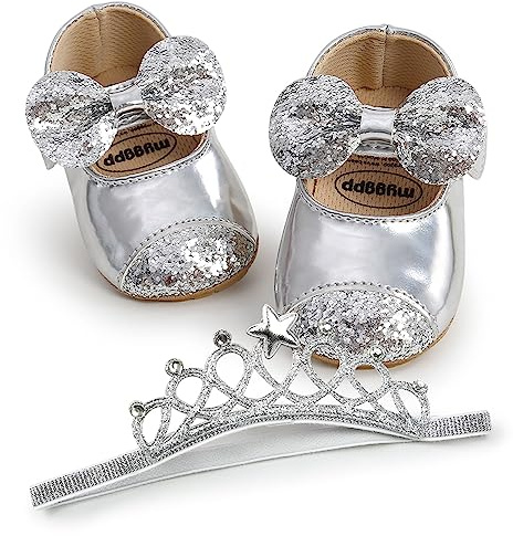 Chaussures à paillettes pour bébé fille avec semelle souple Mary Jane - Robe de fête avec nœud et bandeau, H Paillettes argentées, 0-6 mois