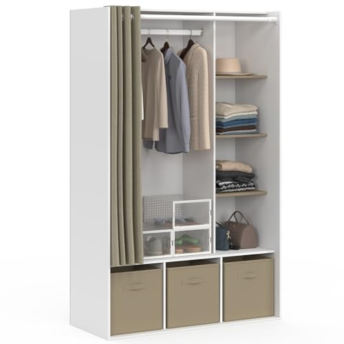 IDMarket - Dressing penderie Diane 105 x 45 x 167 cm Blanc et Taupe | Avec étagères + 3 boites de rangement en tissu taupe + rideau taupe