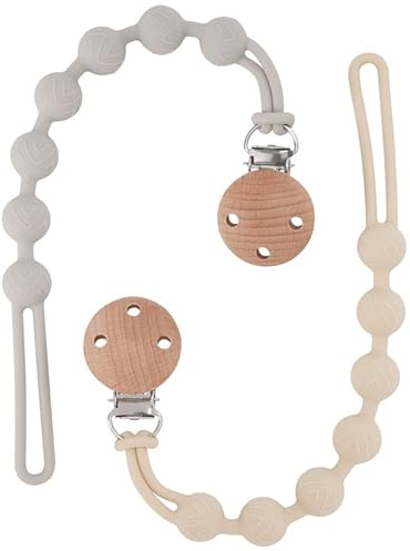 Dummy Clip for Baby Boys and Girls, One Piece Pacifier Clips, Wooden Soother Clips Design, Fits Most Pacifiers and Teething Toys, 2 Pack(Cream+Light Grey)