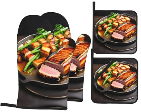YYHWHJDE Delicious Grilled Meat Printing Kitchen Baking 4-Piece Set - Insulated Oven Mitt and Pot Holders Anti-scalding and Heat Insulation
