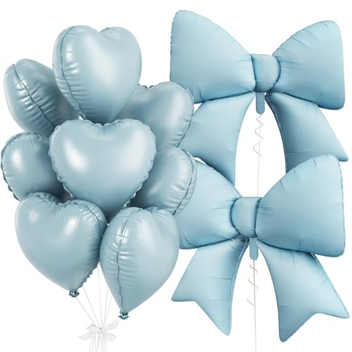 Baby Blue Heart Balloons, Foil Bow Balloons, 10Pcs 18 Inch Heart Shaped Balloon and 38 Inch Helium Light Blue Bow Foil Balloon for Girls Boys Birthday Valentines Baby Shower Bridal Wedding Decor