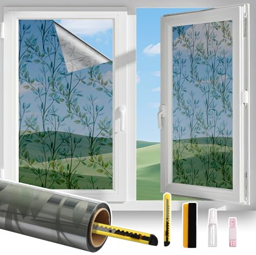 Conkov One Way Window Privacy Film, Sliver with Green Leaf, 44.5 x 400 cm | Sun Blocking Heat Thermal Insulation Anti-UV, Self-Adhesive No Glue, Suitable for Home and Office, Come with Tools