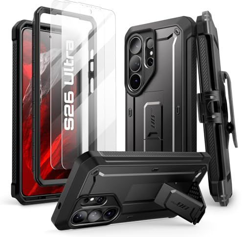 SUPCASE Skal för Samsung Galaxy S26 Ultra med Stöd och Bälteshållare (Unicorn Beetle Pro), [2x Skärmskydd i Härdat Glas och Främre Ram] Militärklassat Skydd för S26 Ultra (Svart)