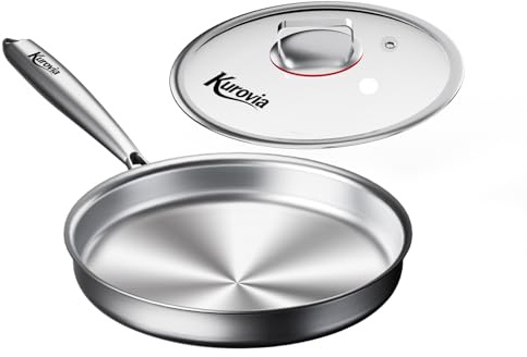 Kurovia Tri-Ply Stainless Steel Frying Pan, Compatible with All Cooktops Up to 600℉, Large Frying Pan with lids, Induction-Ready Skillet, Dishwasher and Oven Safe, Even Heat (8.5 Inch)