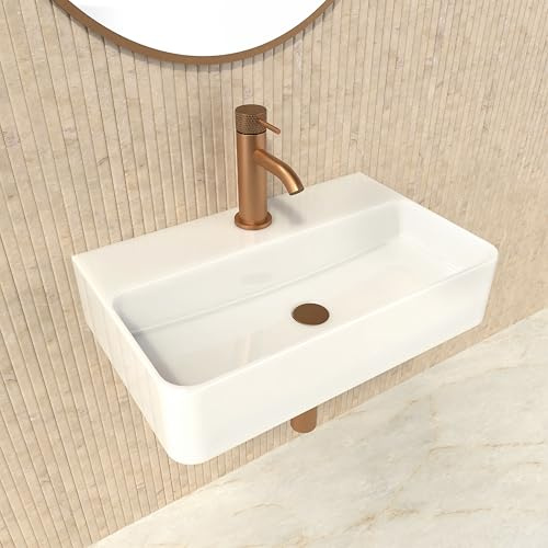 HOGART lavabo pequeño baño 45x28cm con seno a la derecha, lavabo de cerámica blanco rectangular, lavabo suspendido pared o sobre encimera, con orificio para grifo, sin rebosadero, ideal aseo invitados