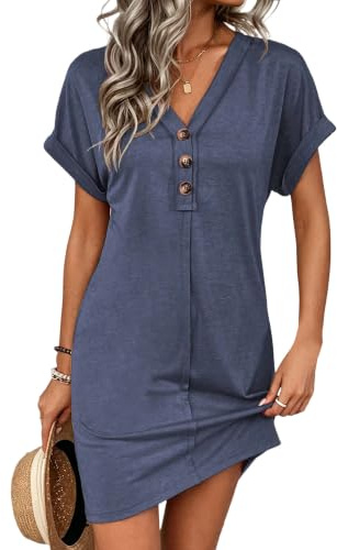 T shirtklänningar för kvinnor V ringad kortärmad mini sommarklänning | V-ringning, T-shirtmodell, Knappdetalj, Kortärmad, Minilängd, Avslappnad passform. Sommarklänning, Solklänning,