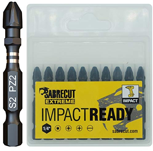 10 x SabreCut SCPZ250_10 50mm PZ2 Impact Screwdriver Driver Bits Set Single Ended Pozidriv POZI No.2 Heavy Duty Including Storage Box