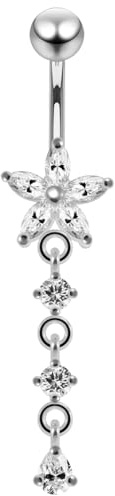 AZARIO LONDON Crystal Stone Flower Design Sterling Silver Belly Bars Piercing