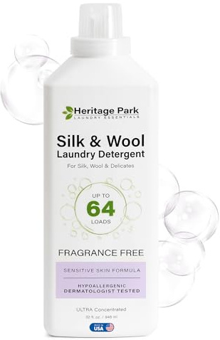 Heritage Park Silk & Wool Fragrance Free, Hypoallergenic, pH-Neutral Laundry Detergent – Dermatologist-tested, Sensitive Skin-Friendly, Enzyme-Free, Concentrated Up to 64 loads (32 fl oz)