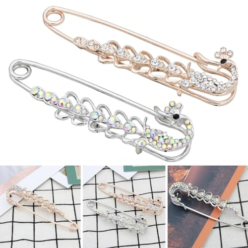 POFET 2 Stück Crystal Peacock Charm Sicherheitsnadel Brosche Clip Damen Schal Mantel Kleid Golden Silver