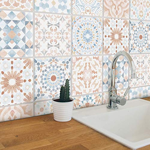 selbstklebende Fliesenaufkleber Möbelfolie matt 10x10cm Marokkanische Kachel Aquarell 12er Set