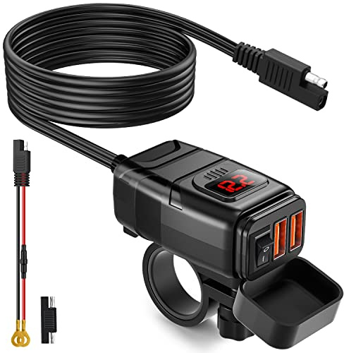 EXTRACTME Chargeur de téléphone pour Moto, 6,8 A, Charge Rapide 3.0, Double USB avec voltmètre et Interrupteur Marche/arrêt, étanche à déconnexion Rapide SAE vers Adaptateur USB pour téléphone