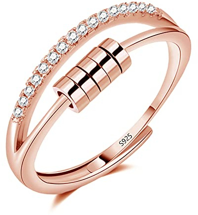 Zolkamery Silber Anxiety Rings, 925 Sterling Silber Damen Angst Ring, Offen Einstellbar Anti-Angst Dekompressionsringe, Silber Anxiety Fidget Ringe Rosegold mit Band & Zirkonia, Zappelring Stressring